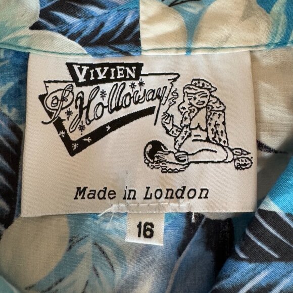 Vivien of Holloway Retro Kitty Plumeria Blue 50s Style Cotton Dress - Picture 10 of 14